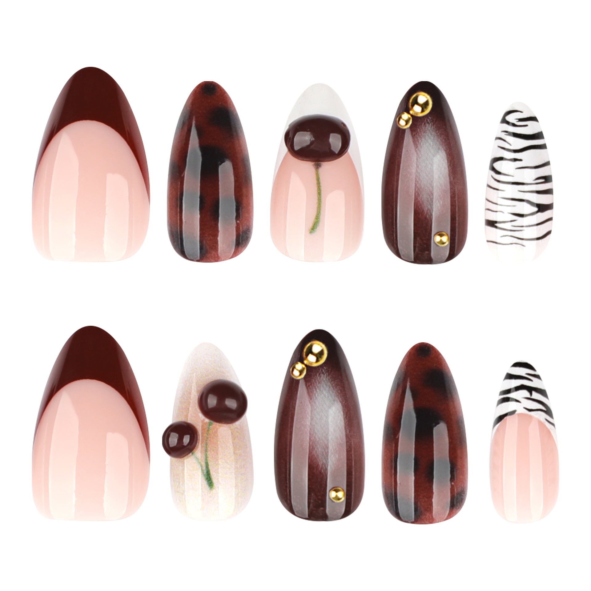 Nail Art Burgundy - 24PCS Burgundy Nude Brown Press on