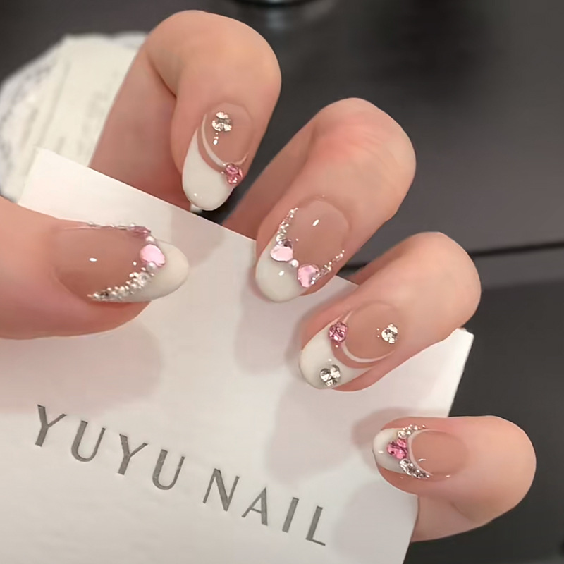 Nail Art Oval - 10Pcs White French Pink Heart Diamond
