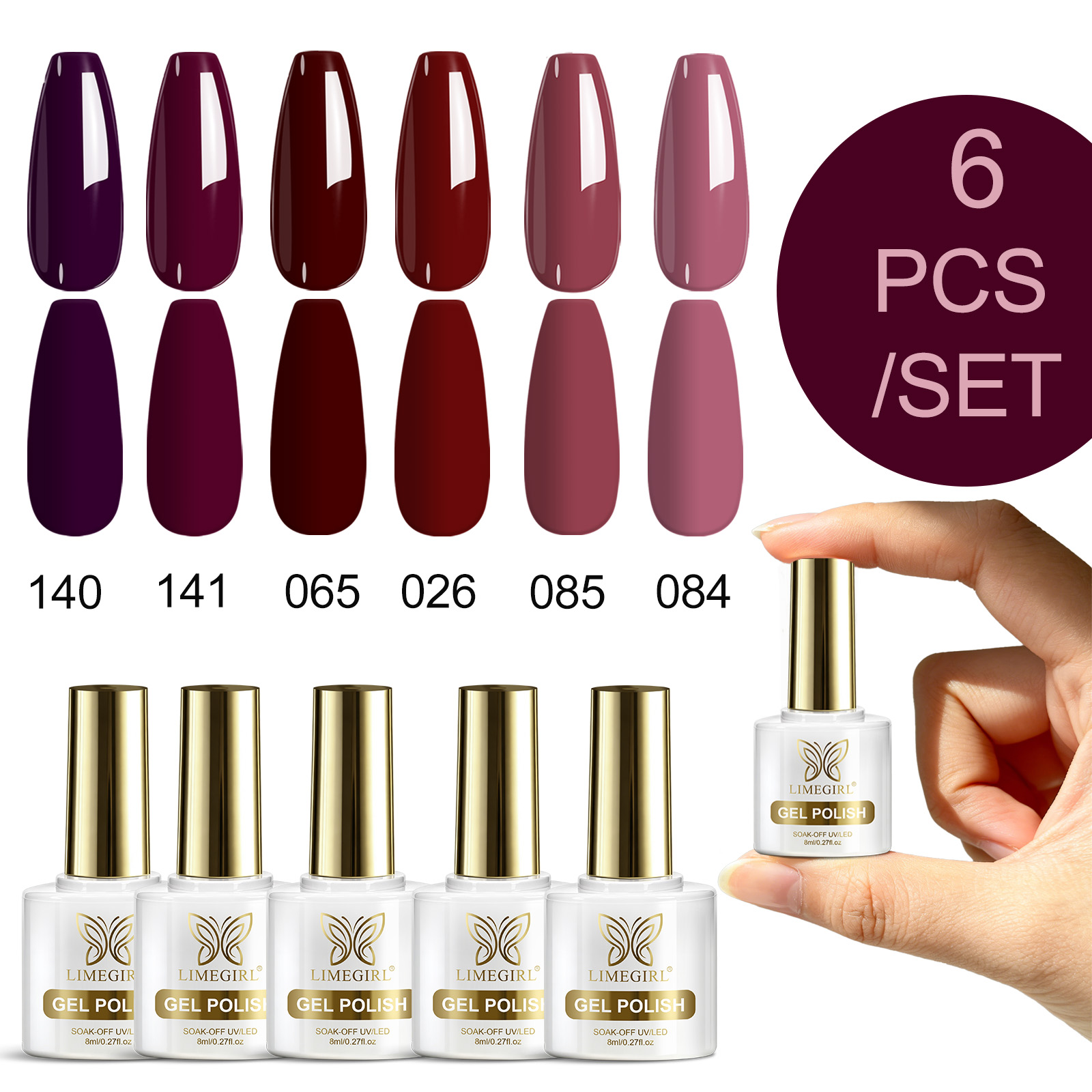 Nail Art Burgundy - LIMEGIRL 6 Colors Gel Nail Polish