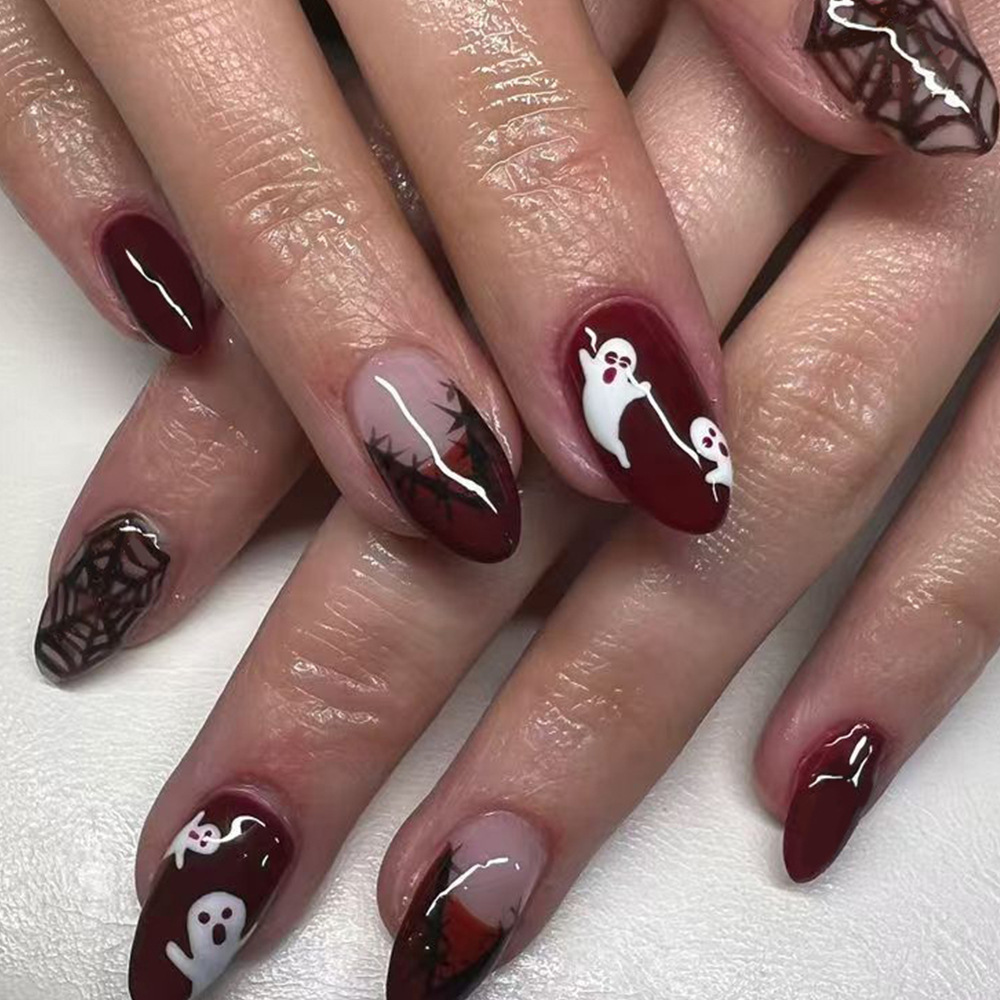 Nail Art Burgundy - 24Pcs Halloween Press On Nails Ghost