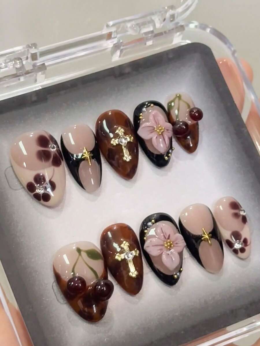 Nail Art Burgundy - 10pcs Retro Y2K Hand-Painted Floral Tortoiseshell