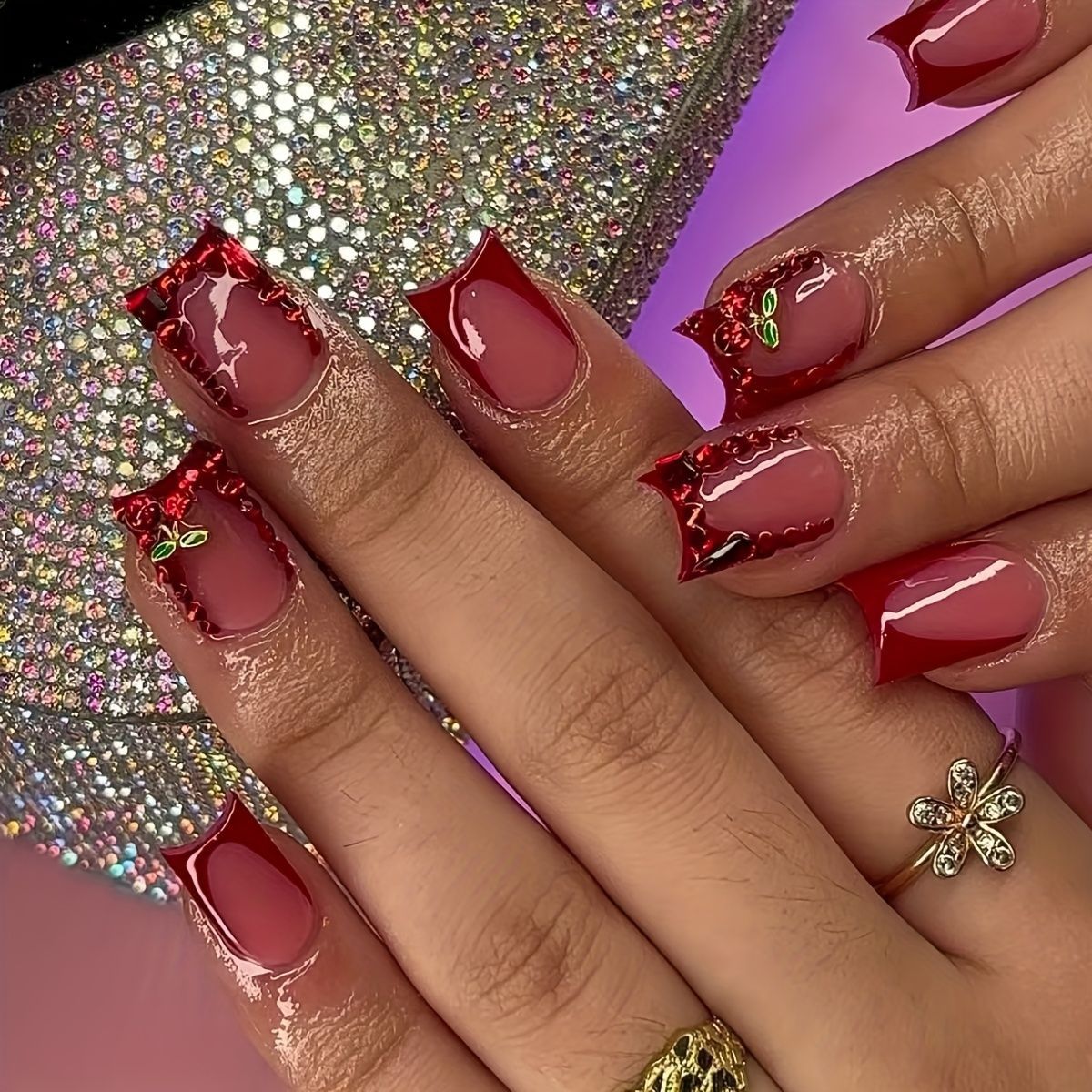 Nail Art Red - 24pcs Finished Fake Nails French Red