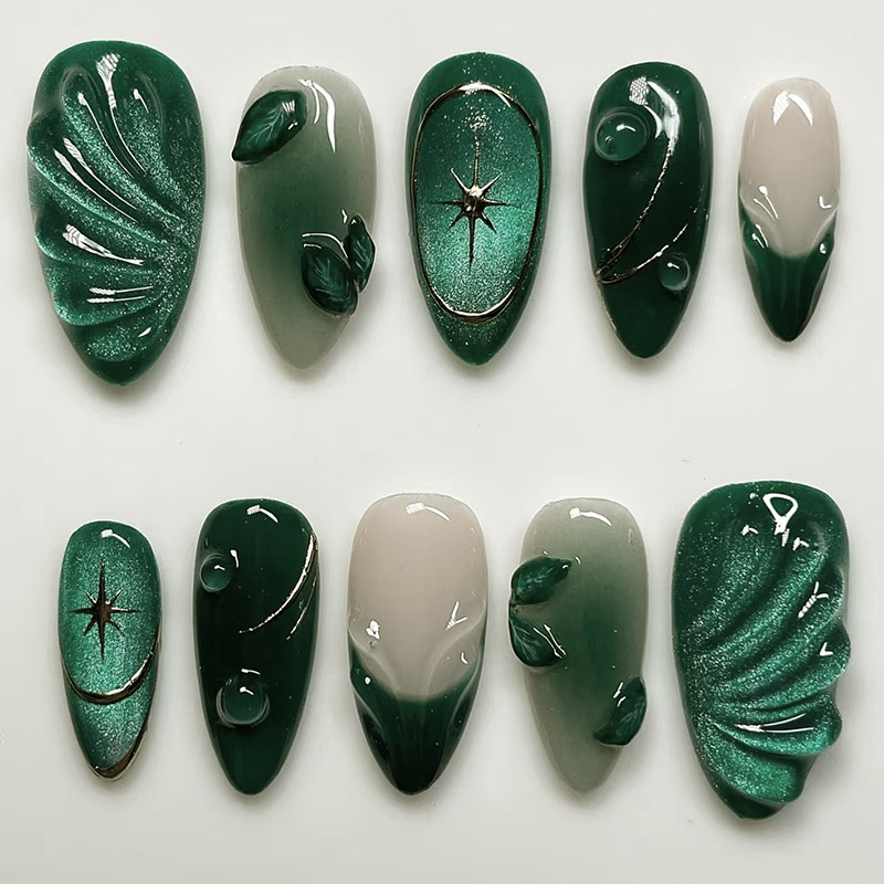 Nail Art Oval - 24Pcs Green French Fake Nails Set