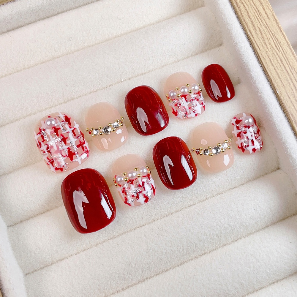 Nail Art Red - 10pcs Short Square Round Handmade Press
