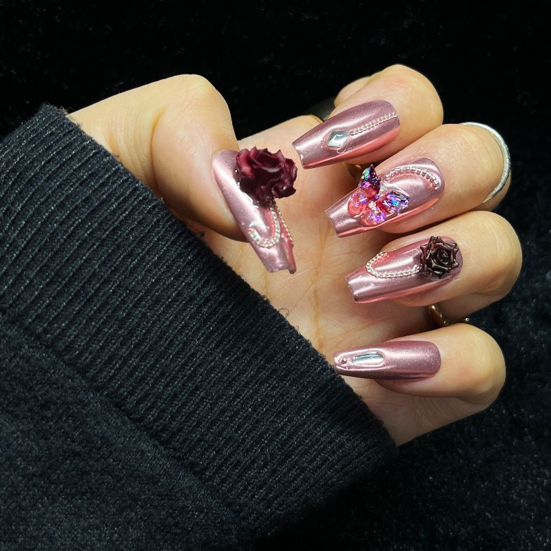 Nail Art Burgundy - 10PCS Rose Gold Press on Nails