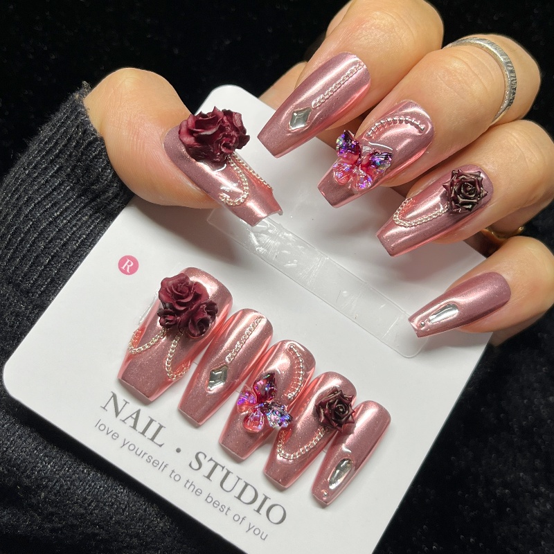 10PCS Rose Gold Press on Nails - Nail Art Burgundy recension och pris