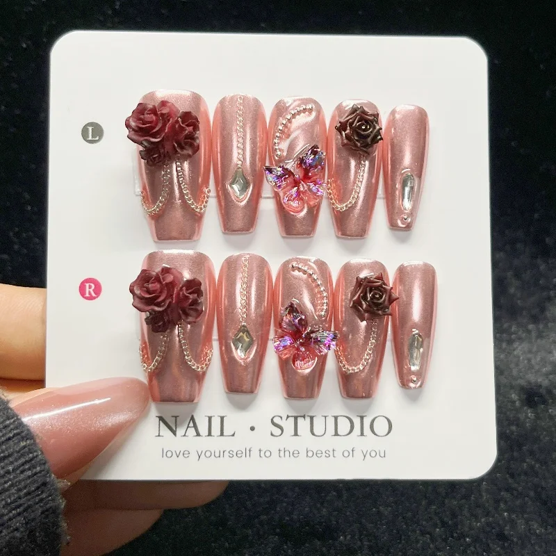 10PCS Rose Gold Press on Nails - Nail Art Burgundy recension och pris